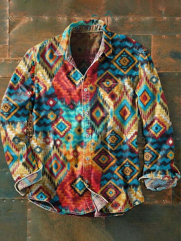 Men's Western Cowboy Vintage Print Casual Long Sleeve Shirt