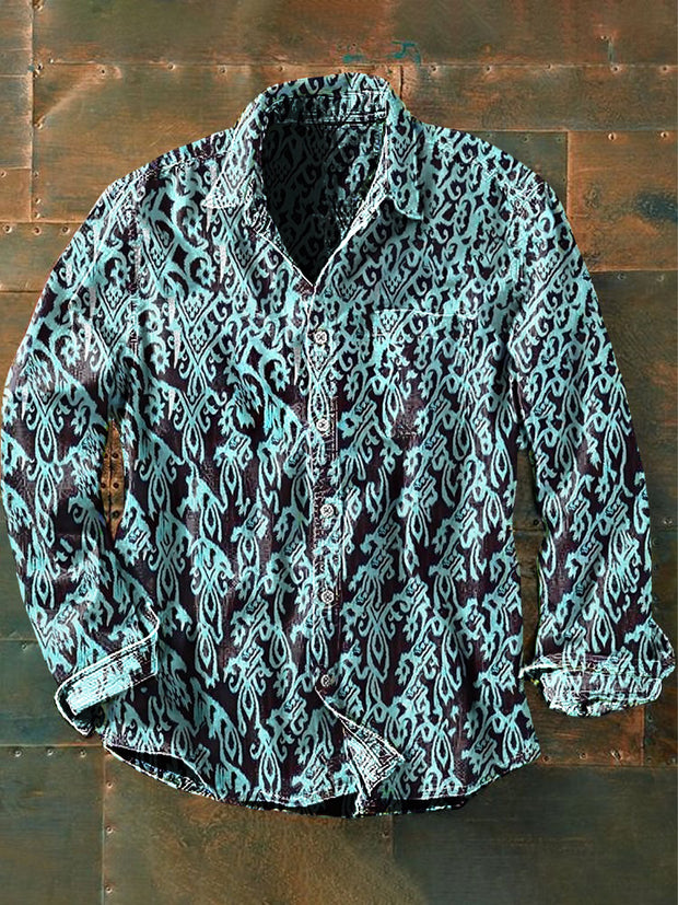 Unisex Men's  Vintage Western Ethnic Print Blue Print Casual Long Sleeve Shirt