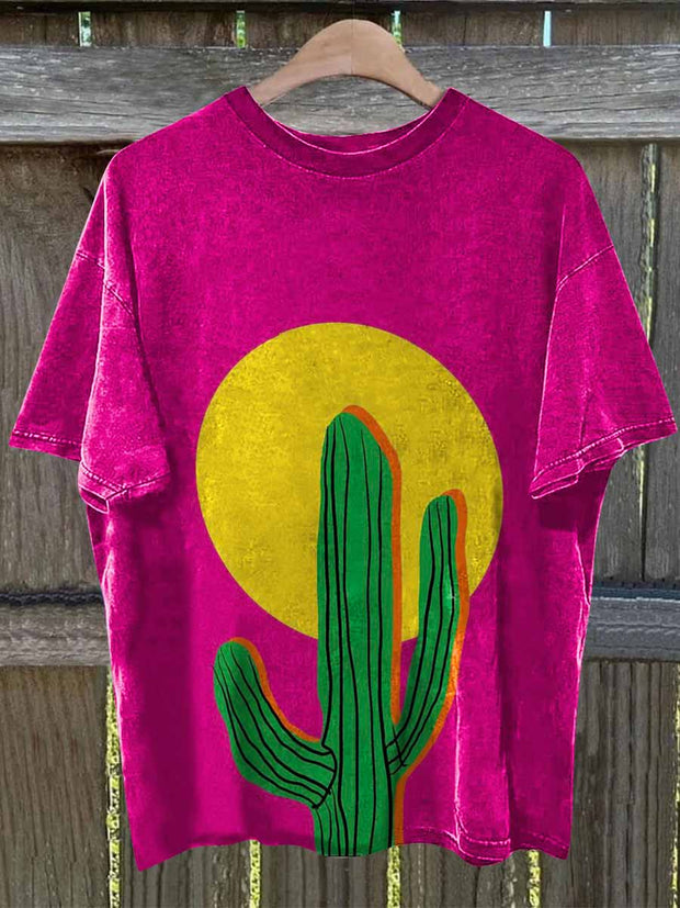 Unisex Colorful Sunset Cactus Illustration Print Casual Short Sleeves T-Shirt