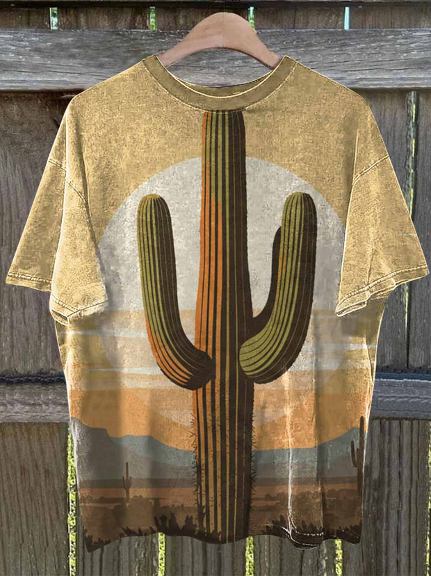 Unisex Desert Cactus Illustration Print Casual Short Sleeves T-Shirt