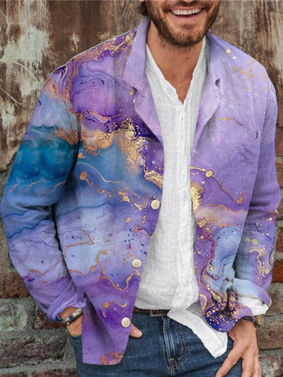 Unisex Men's  Vintage Gradient Purple Oil Statue Print Casual Long Sleeve Shirt