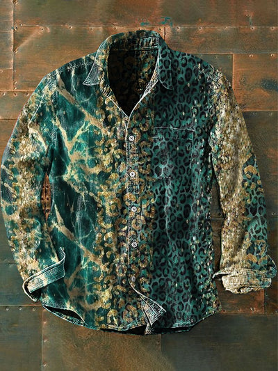 Unisex Men's  Vintage Green Gradient Leopard Print Casual Long Sleeve Shirt