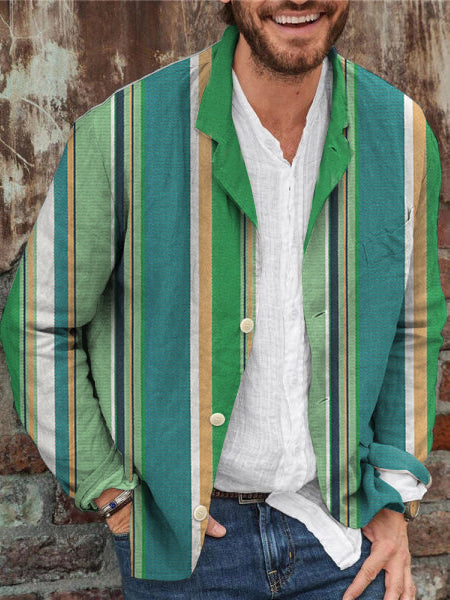 Unisex Men's  Vintage Green Stripe Abstract Print Casual Long Sleeve Shirt