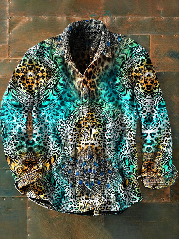 Unisex Men's  Vintage Green Gradient Peacock  Print Casual Long Sleeve Shirt