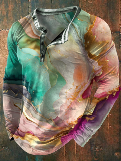 Unisex Men's  Vintage Gradient Colorful Ripple Abstract Printed Casual Long Sleeve Button Up V-Neck Top