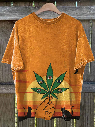 Unisex Fantasy Marijuana And Cat Print Casual Short Sleeves T-Shirt