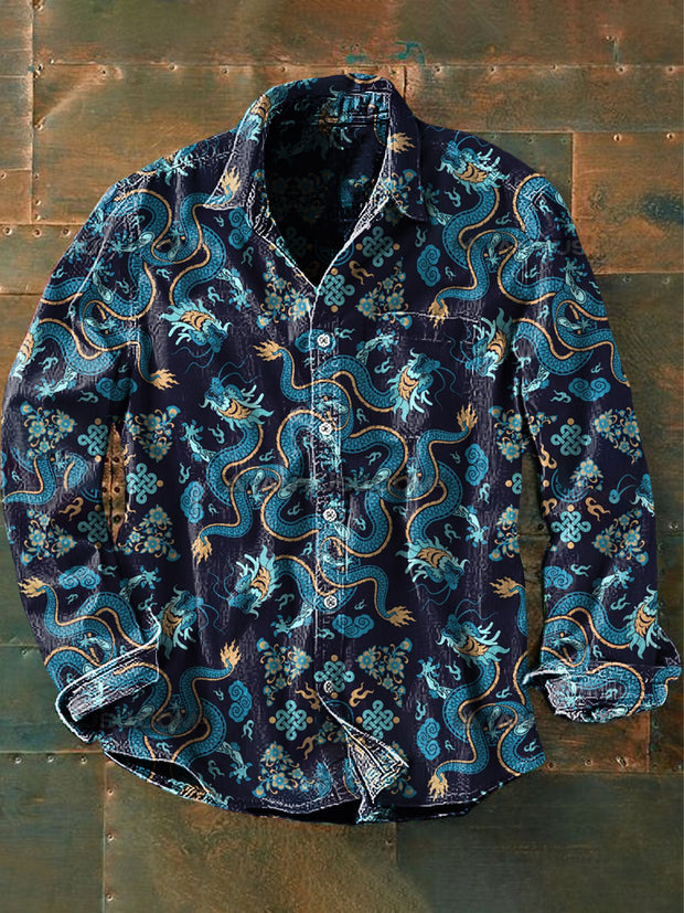 Unisex Men's  Vintage Blue Dragon Print Casual Long Sleeve Shirt