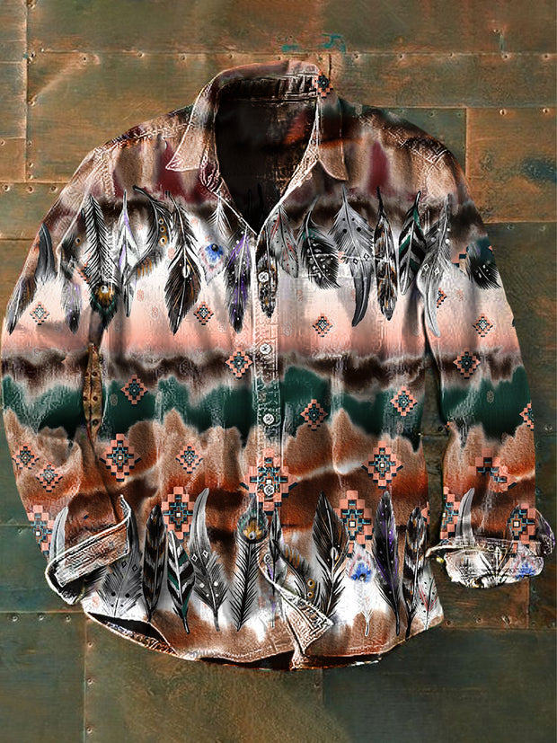 Unisex Men's  Vintage Western Ethnic Feathers Print Casual Long Sleeve Shirt