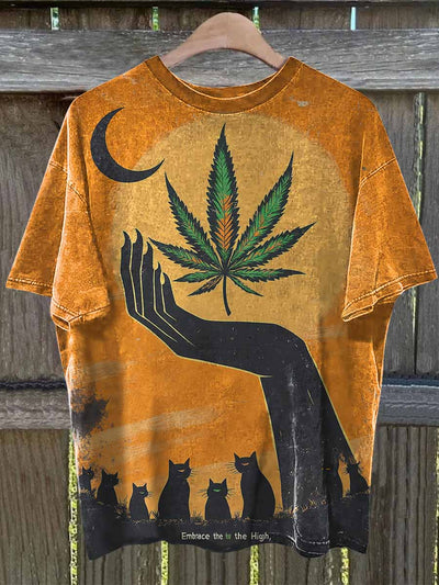 Unisex Cannabis Cat Illustration Print Casual Short Sleeves T-Shirt