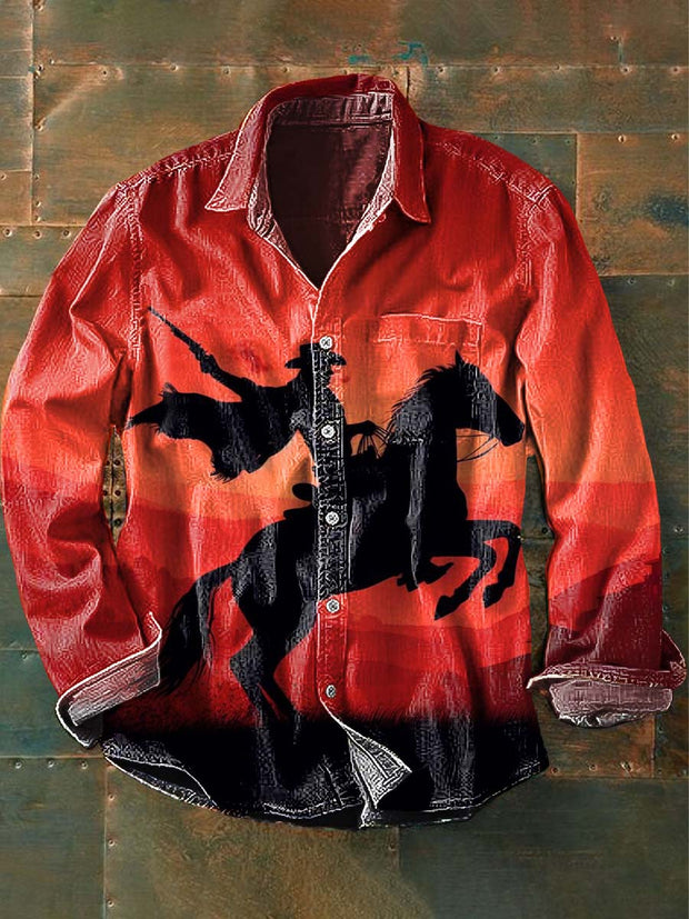 Men's Western Cowboy Print Casual Long Sleeve Shirt