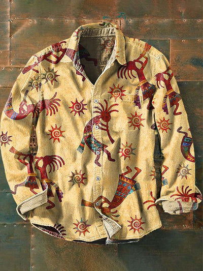 Mens Vintage Tribal Ethnic Print Casual Long Sleeve Shirt