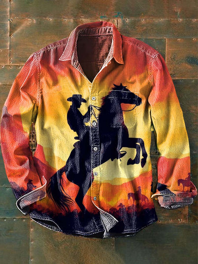 Men's Western Cowboy Print Casual Long Sleeve Shirt