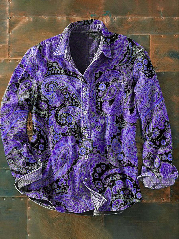 Men's Vintage Cashew Flower Print Casual Long Sleeve Lapel Shirt