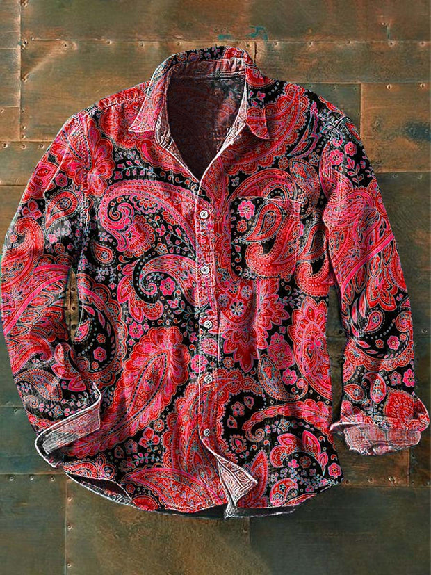 Men's Vintage Cashew Flower Print Casual Long Sleeve Lapel Shirt