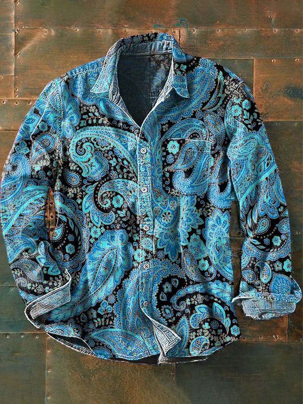 Men's Vintage Cashew Flower Print Casual Long Sleeve Lapel Shirt