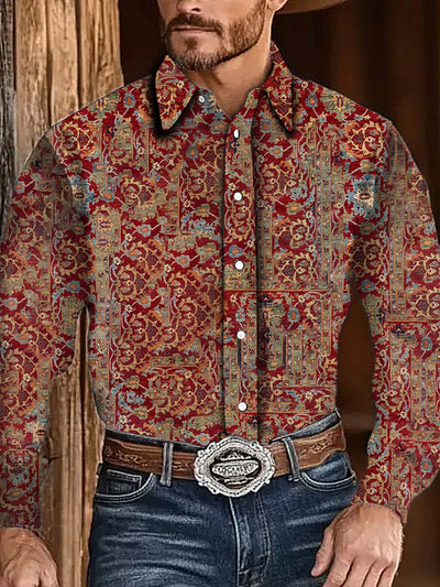 Men's Outdoor Vintage Western Ethnic Floral  Pattern Casual Cotton Long Sleeve Shirt