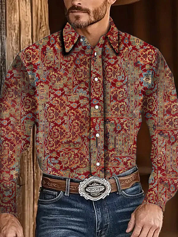 Men's Outdoor Vintage Western Ethnic Floral  Pattern Casual Cotton Long Sleeve Shirt