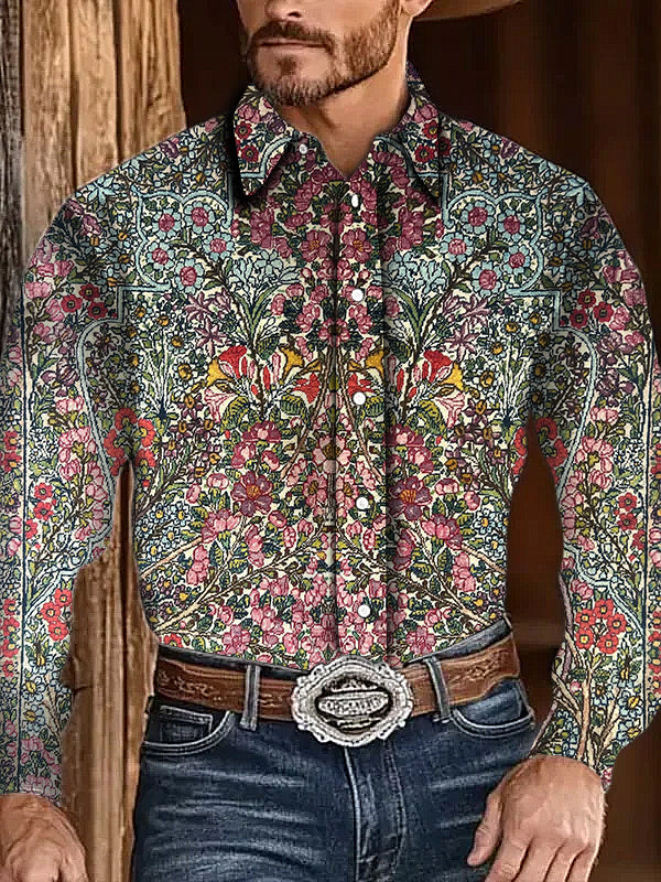 Men's Outdoor Vintage Western Ethnic Colorful Floral Pattern Casual Cotton Long Sleeve Shirt