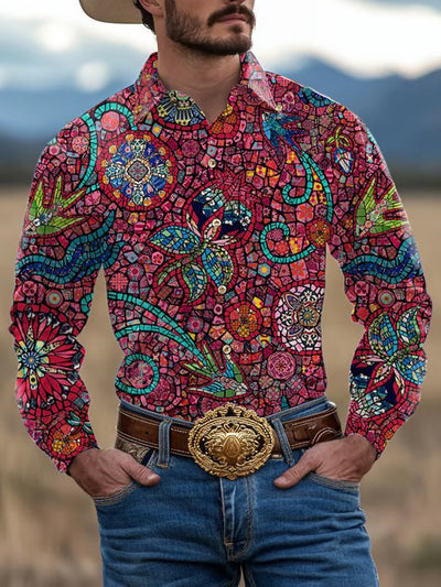 Men's Outdoor Vintage Western Ethnic Geometric Colorful Design Pattern Casual Cotton Long Sleeve Shirt