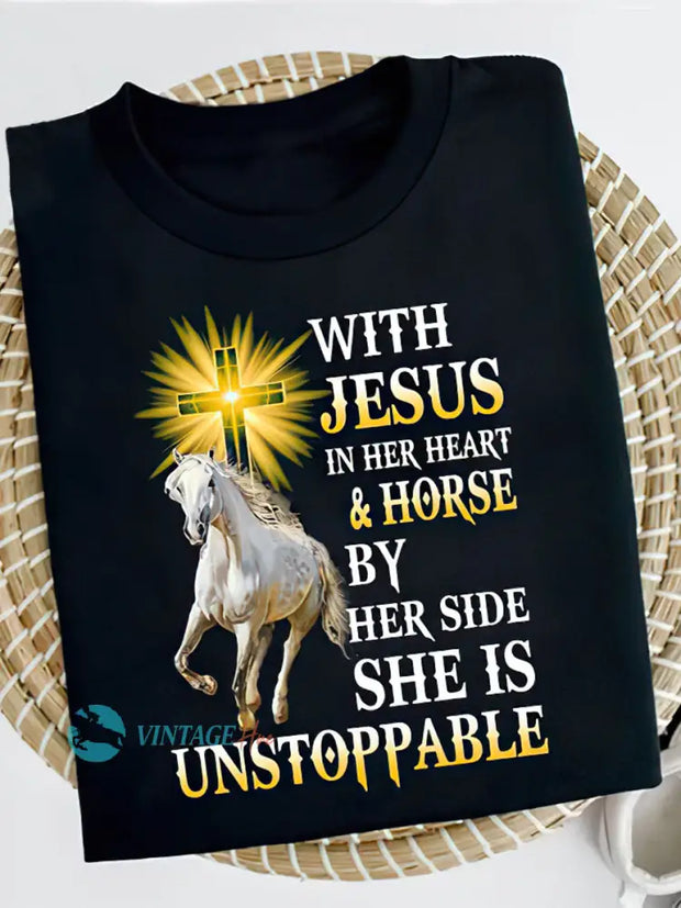 Unisex Horse With Jesus Print Casual Short Sleeves T-Shirt White / S