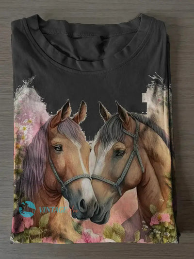 Unisex Horses Print Casual Short Sleeves T-Shirt Dark Gray / S