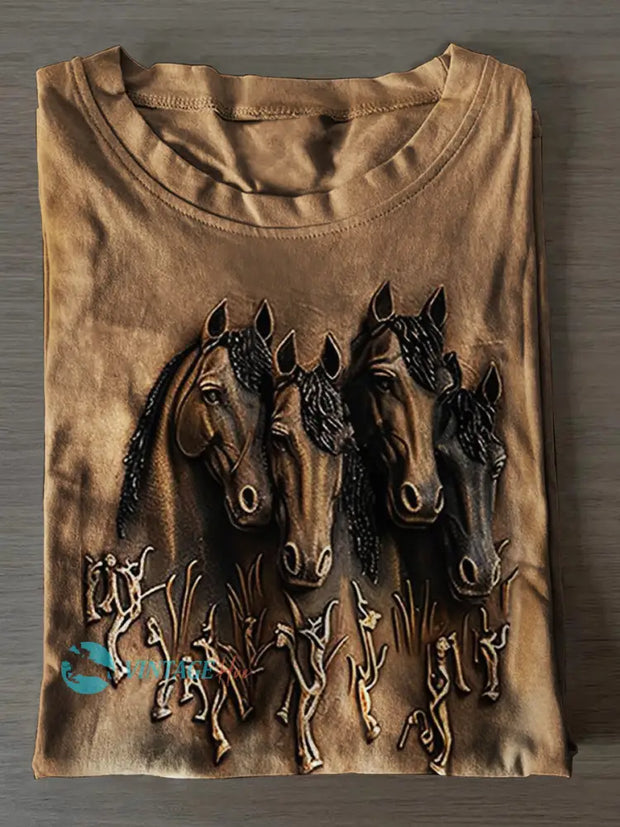 Unisex Horses Relief Print Casual Short Sleeves T-Shirt Brown / S