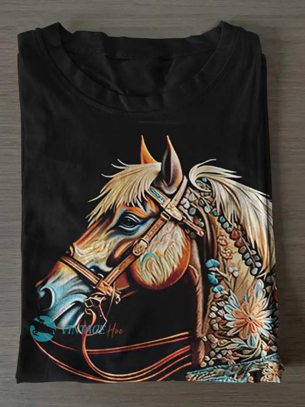 Unisex Indian Horse Print Casual Short Sleeves T-Shirt Black / S