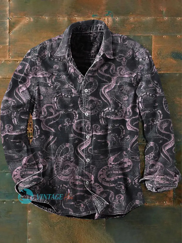 Unisex Men’s Vintage Gothic Snake Print Abstract Casual Long Sleeve Shirt Gray / S