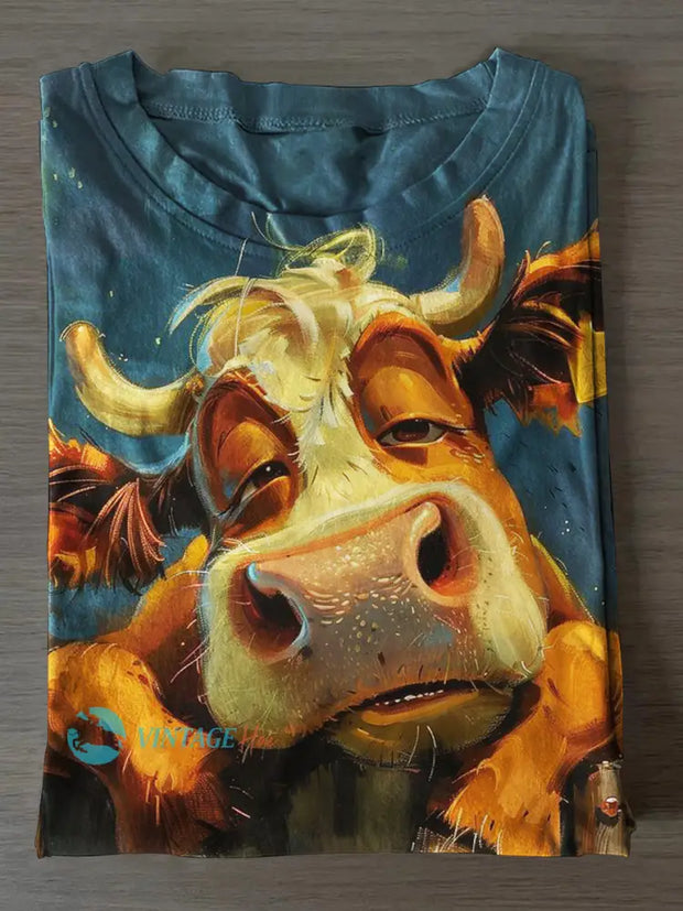 Unisex Retro Cow Print Casual Short Sleeves T-Shirt Blue / S