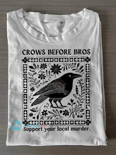 Unisex Retro Crow Print Casual Short Sleeves T-Shirt White / S