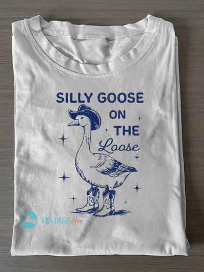 Unisex Silly Goose Print Casual Short Sleeves T-Shirt White / S