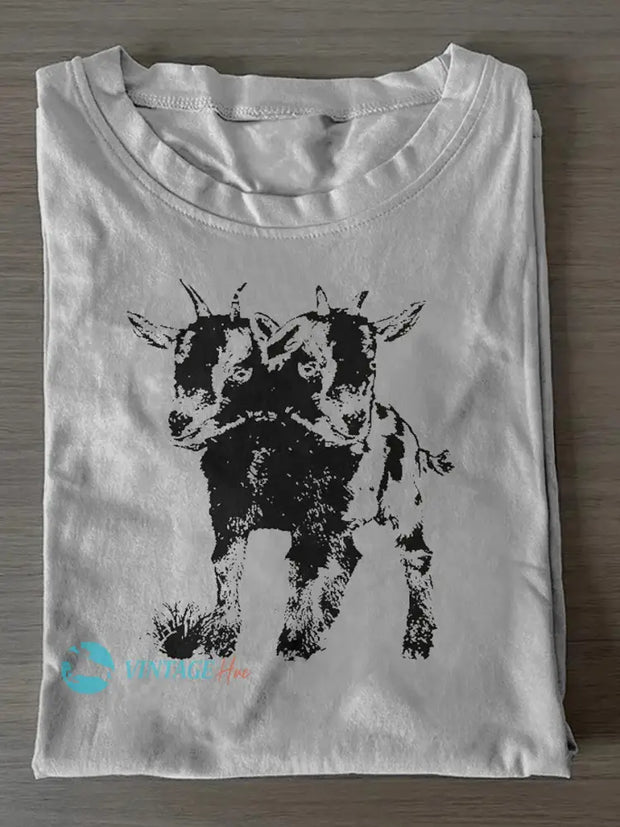 Unisex Two-Headed Cow Print Casual Short Sleeves T-Shirt White / S