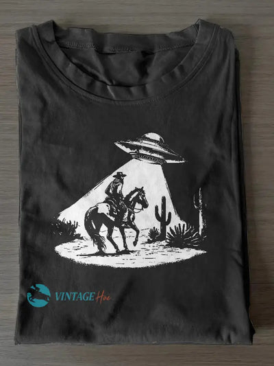 Unisex Ufo And Cowboy Print Casual Short Sleeves T-Shirt Black / S