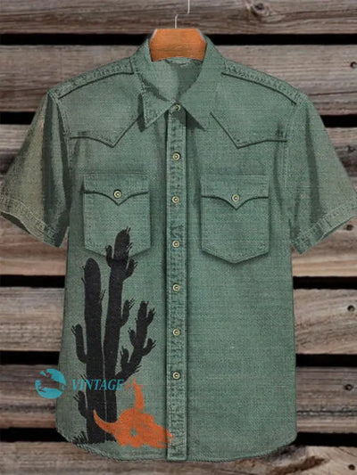 Unisex Western Cactus Bullhead Art Vintage Print Casual Cotton Shirt Green / S