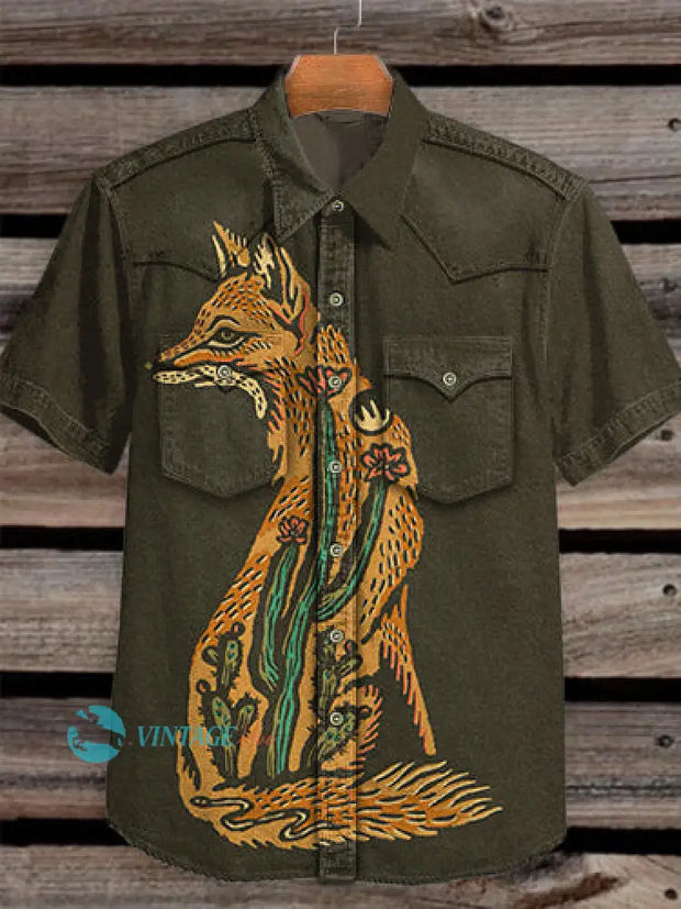 Unisex Western Fox Cactus Art Vintage Print Casual Cotton Shirt Army Green / S