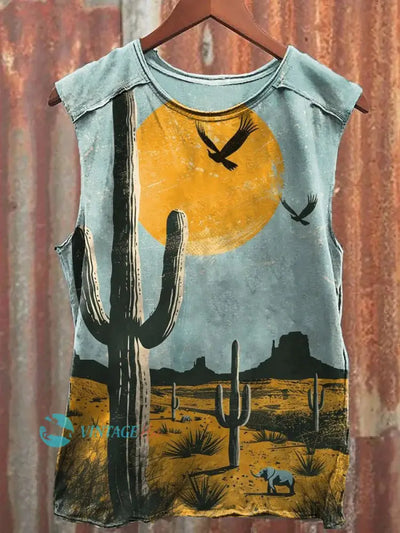 Vintage Cactus In The Desert Art Print Casual Tank Top Green / S